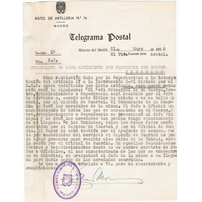 Telegrama postal. Rincón del Medik 1958