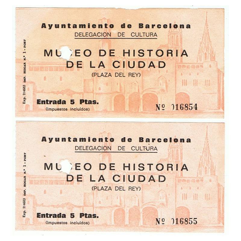 Lote de dos entradas para el Museo de Historia de la Ciudad. Plaza del Rey, Barcelona. 5 ptas. Consecutivos