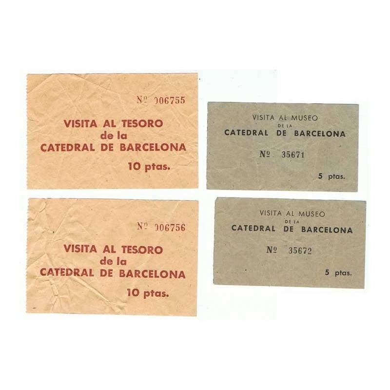 Cuatro entradas a la Catedral de Barcelona, Tesoro y Museo. Números correlativos. 5 y 10 ptas.