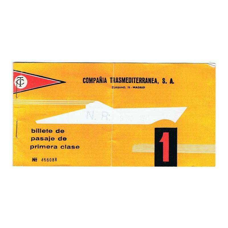 Billete de pasaje de primera clase Nº 466088. Compañía Transmediterránea. 1971