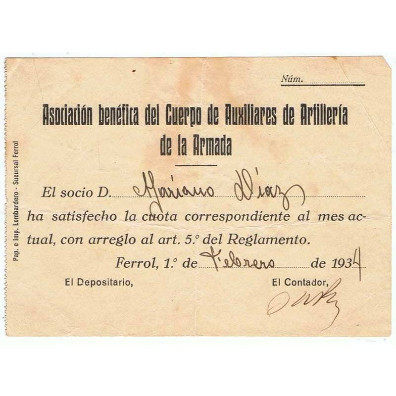 Recibo de la Asociación Benéfica del Cuerpo de Auxiliares de Artillería de la Armada 1934