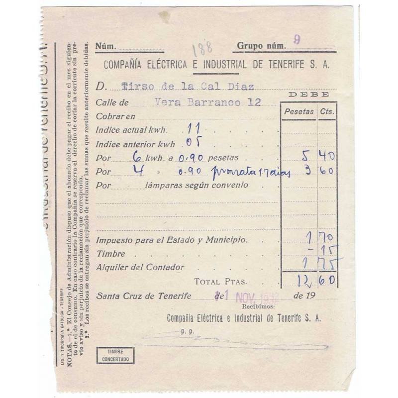 Antigua factura de la Compañía Eléctrica e Industrial de Tenerife. 1932