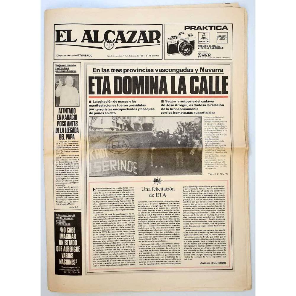 Periódico El Alcázar 17 febrero 1981. ETA domina a calle