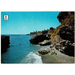 Postal Málaga. Nerja. Playa y Balcón de Europa No. 8. Domínguez. Circulada, 1962