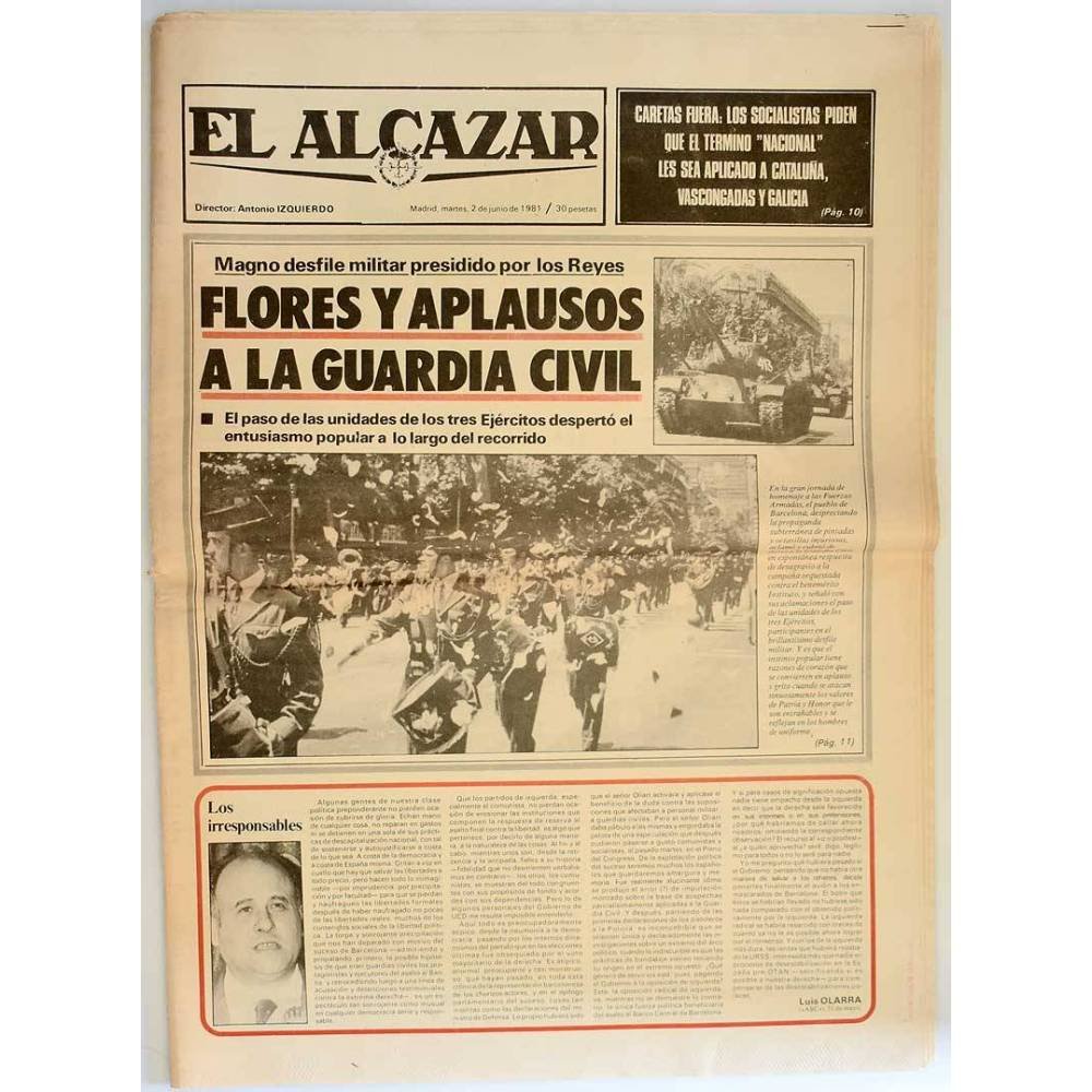 Periódico El Alcázar 2 junio 1981. Flores y aplausos a la Guardia Civil