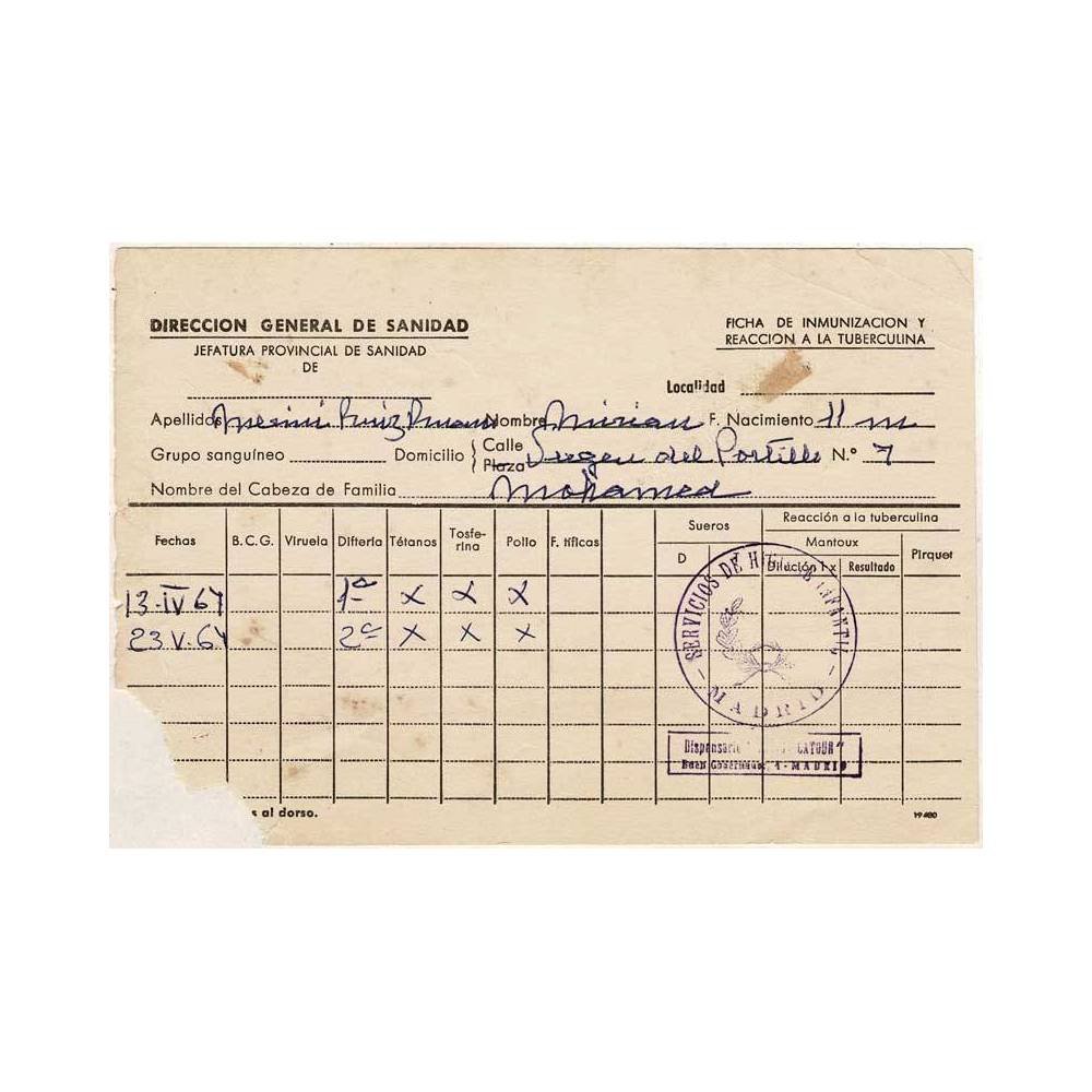 Ficha de Inmunización y Reacción a la Tuberculina 1967