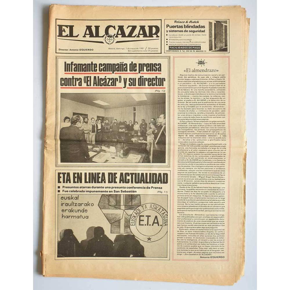 Periódico El Alcázar 1 marzo 1981. Infame campaña contra El Alcázar