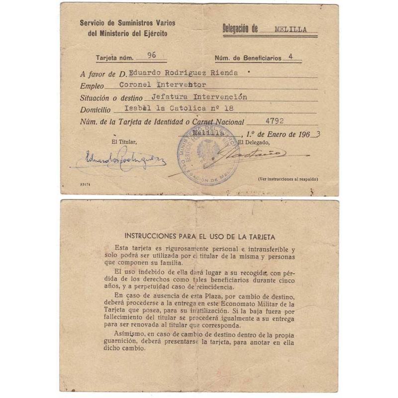 Antigua tarjeta de Servicio de Suministros Varios del Ministerio del Ejército, Melilla 1963