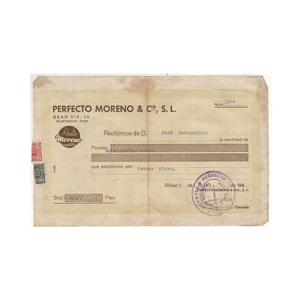 Recibo primer plazo Perfecto Moreno, Bilbao 1950