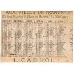 Calendario de 1877. Aux villes de France. Publicidad de Lingerie L. Cabrol