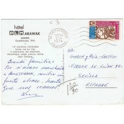 Postal Hotel PLM Arawak, Gosier, Guadeloupe, Francia. Escrita y circulada con sello 1974