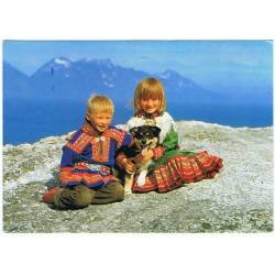 Postal Lapp children and their best friend. Norway. Sin circular