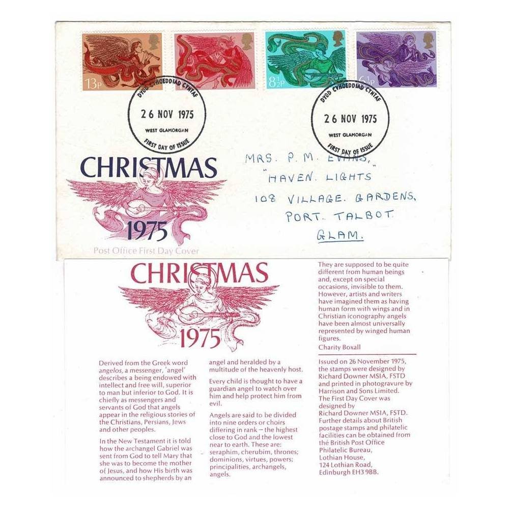 Reino Unido. Sobre Primer Día (FDC) Christmas + tarjeta 1975