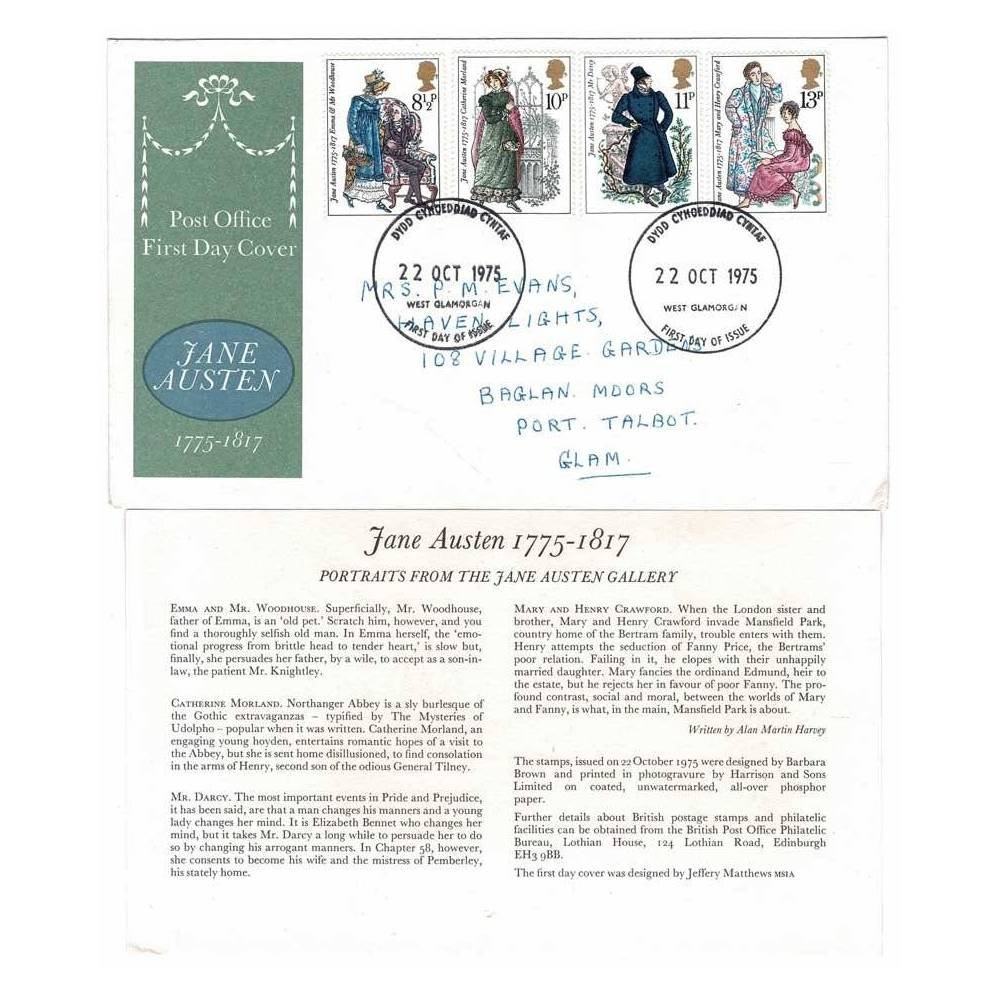 Reino Unido. Sobre Primer Día (FDC) Jane Austen 1775-1817 + tarjeta 1975