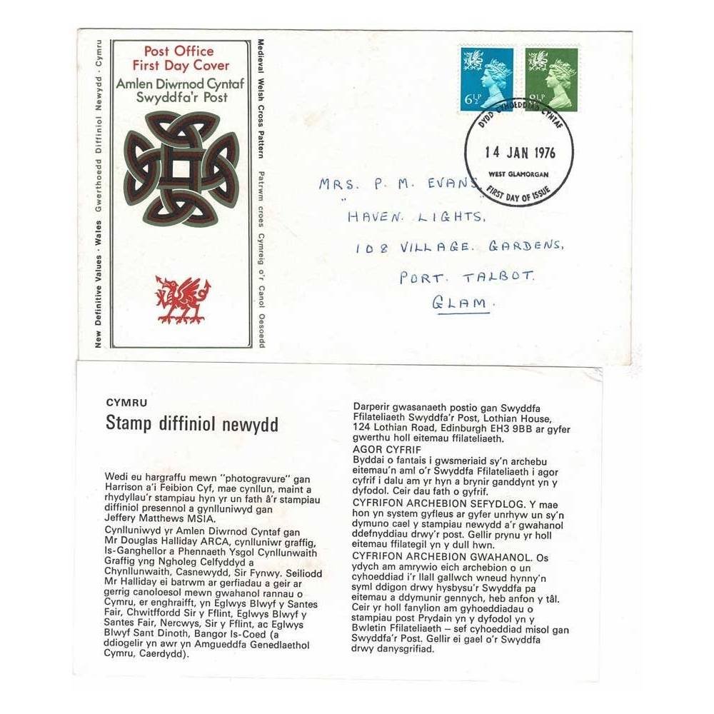 Reino Unido. Sobre Primer Día (FDC) Amlen Diwrnod Cyntaf Swyddfa'r Post + tarjeta 1976