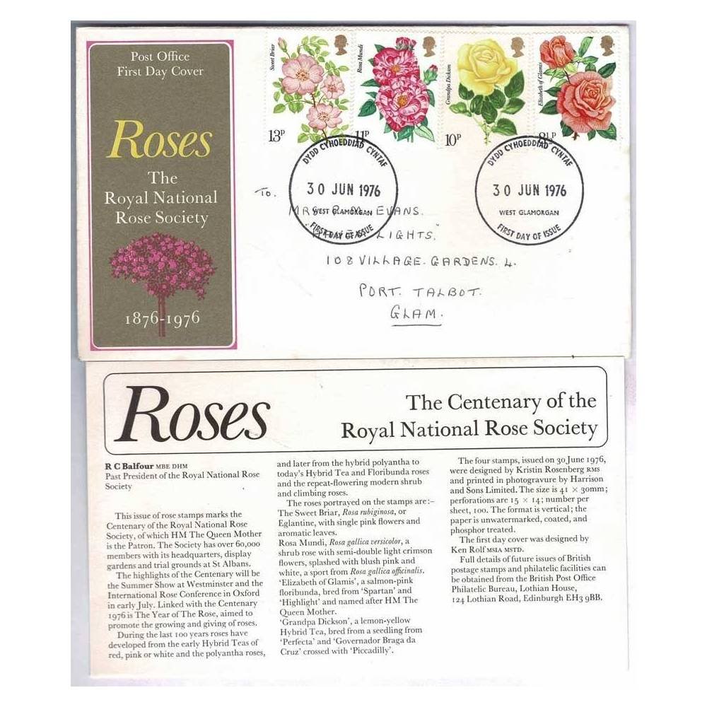 Reino Unido. Sobre Primer Día (FDC) Roses. The Centenary of the Royal National Rose Society + tarjeta 1976