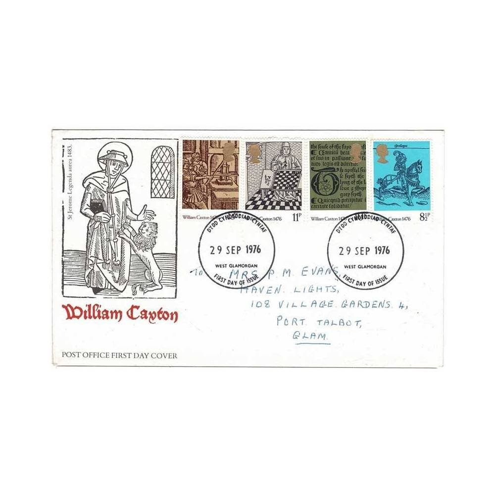 Reino Unido. Sobre Primer Día (FDC) William Caxton + tarjeta 1976