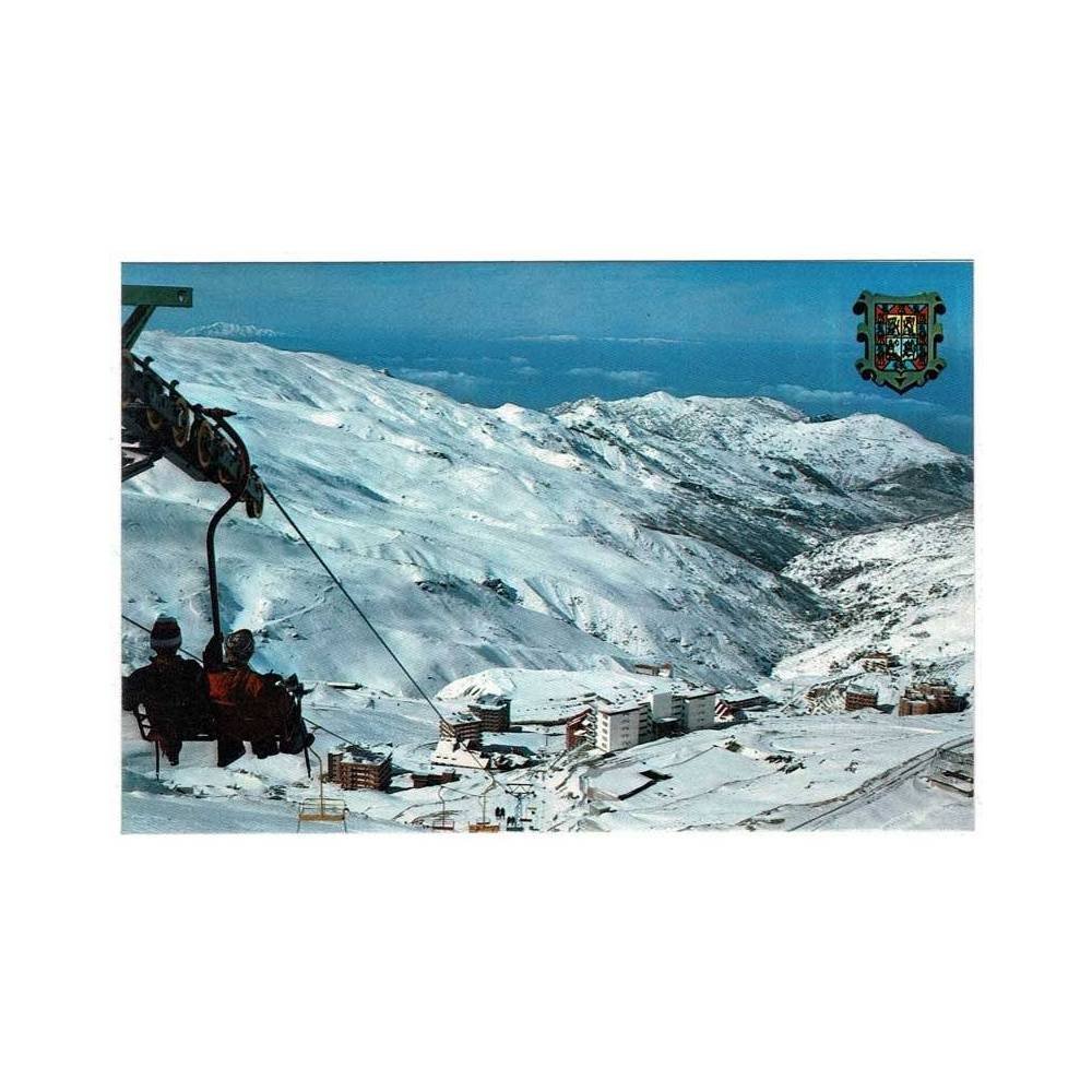 Postal Granada. Sierra Nevada. Vista de Pradollano y telesilla. Serie 45, No 1097