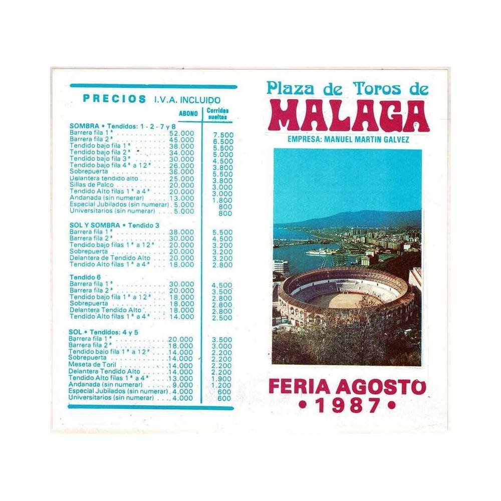 Folleto Plaza de Toros de Málaga. Feria Agosto 1987. Publicidad Seat. Precios