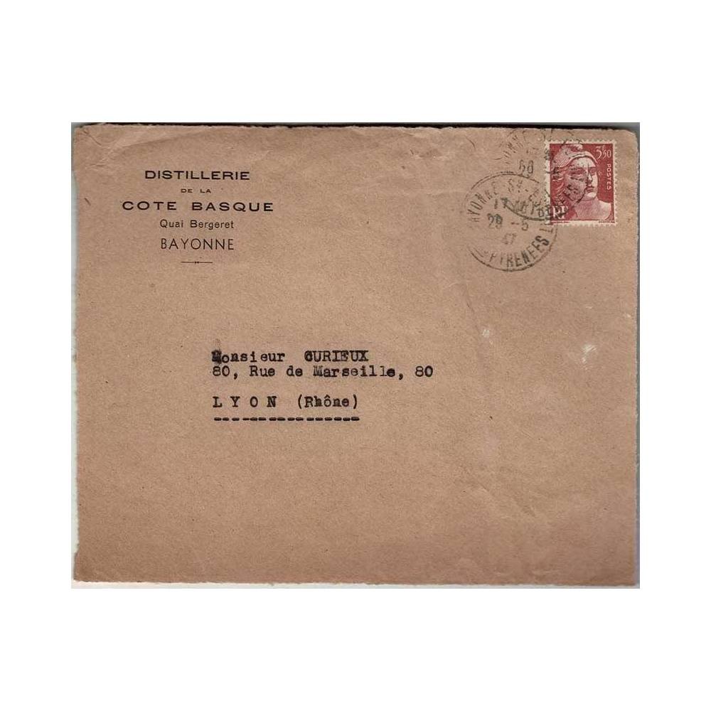 Francia frontal de sobre circulado del remitente Distillerie de la Cote Basque de Bayonne, 1947