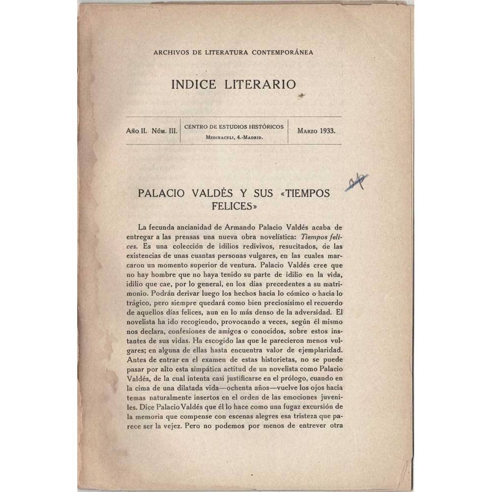 Indice Literario. Año II. Nº III. Marzo 1933. Palacio Valdés y sus tiempos felices