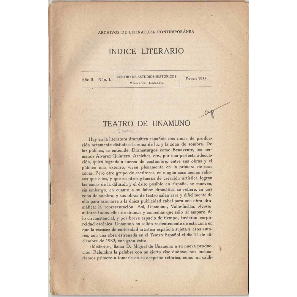 Indice Literario. Año II. Nº I. Enero 1933. Teatro de Unamuno
