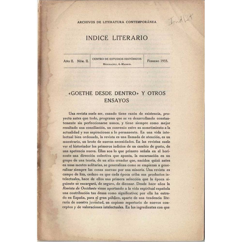 Indice Literario. Año II. Nº II. Febrero 1933. Goethe desde dentro y otros ensayos