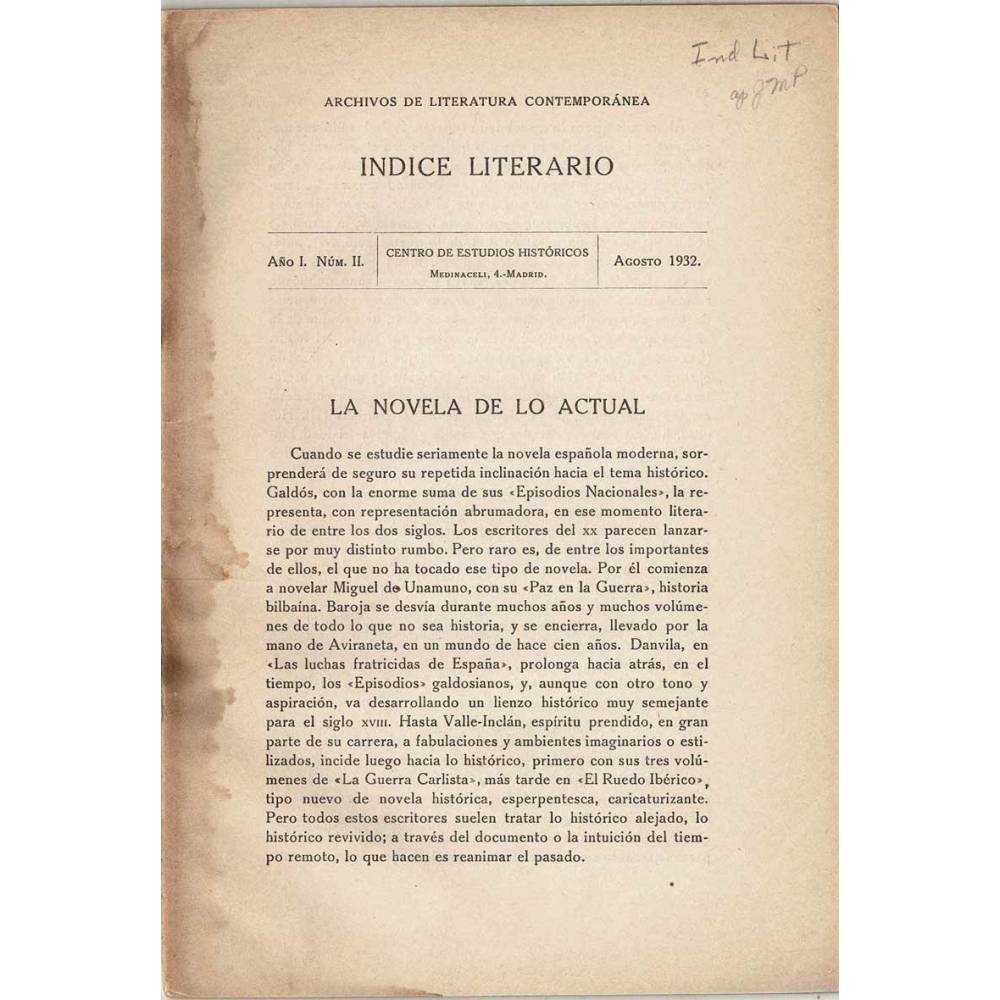 Indice Literario. Año I. Nº II. Agosto 1932. La novela de lo actual