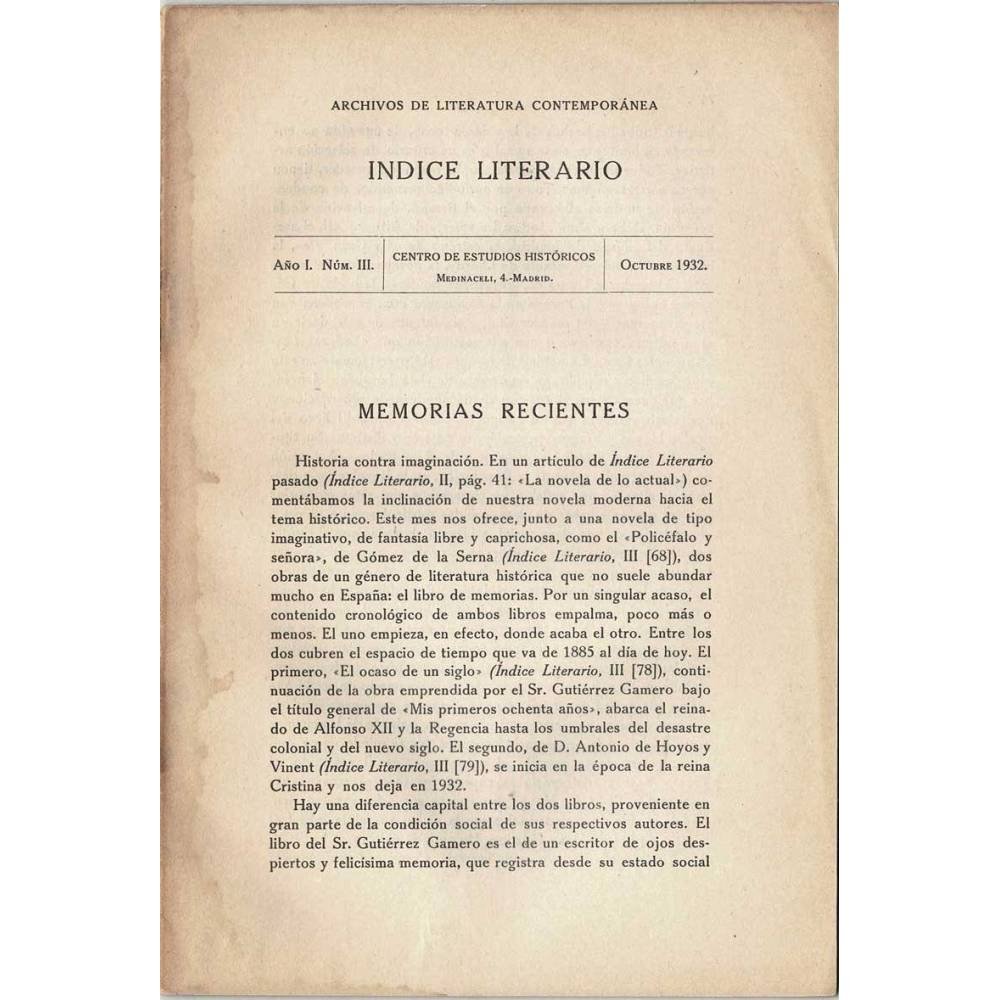 Indice Literario. Año I. Nº III. Octubre 1932. Memorias recientes