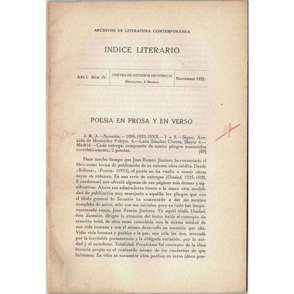 Indice Literario. Año I. Nº IV. Noviembre 1932. Poesía en prosa y en verso