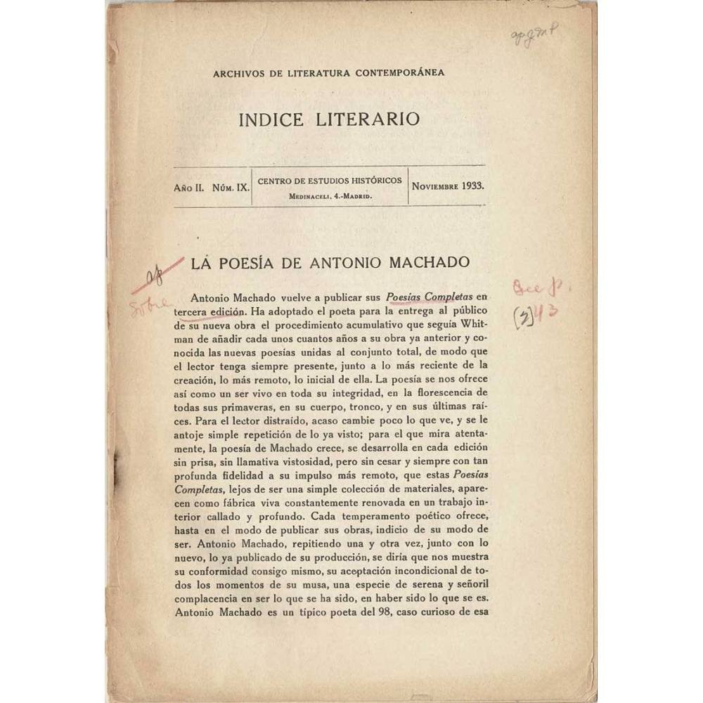 Indice Literario. Año II. Nº IX. Noviembre 1933. La poesía de Antonio Machado