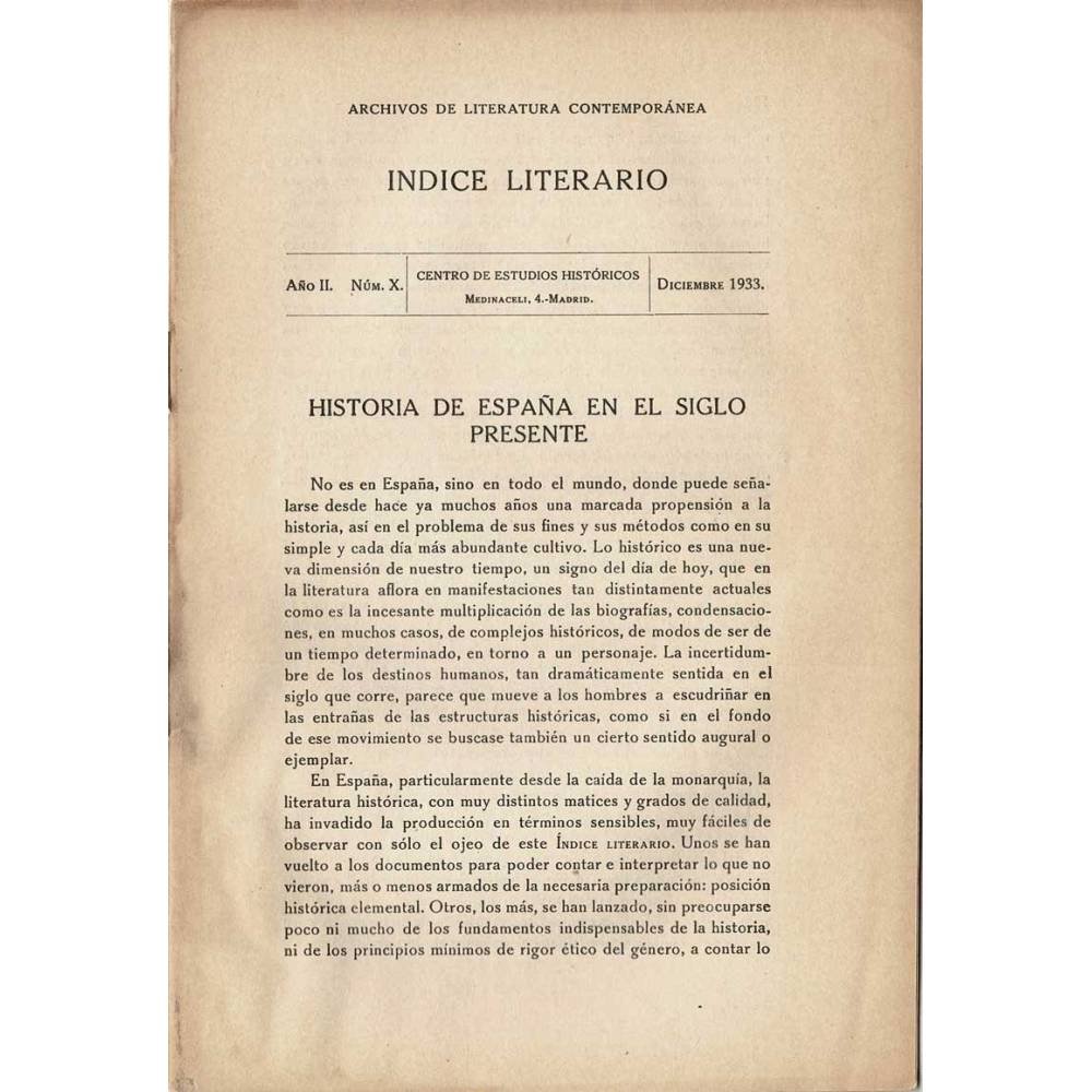 Indice Literario. Año II. Nº X. Diciembre 1933. Historia de España en el siglo presente