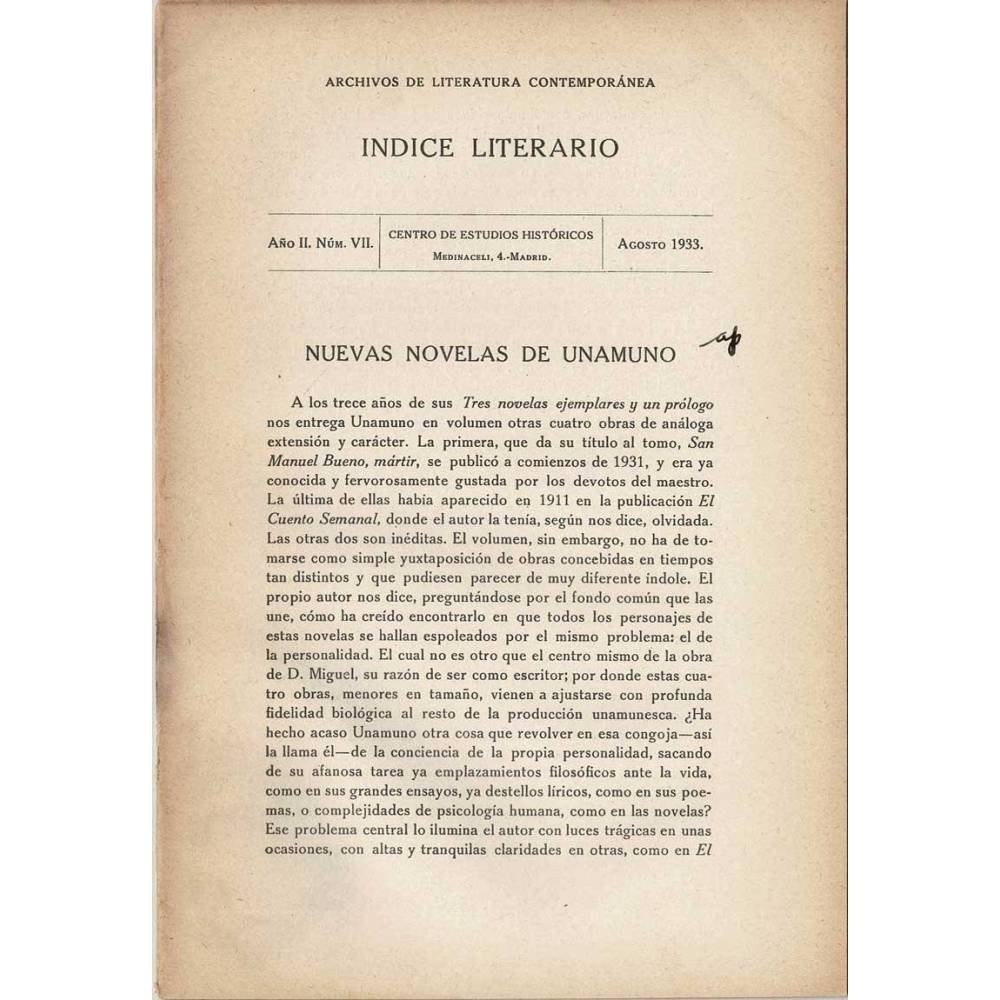 Indice Literario. Año II. Nº VII. Agosto 1933. Nuevas novelas de Unamuno
