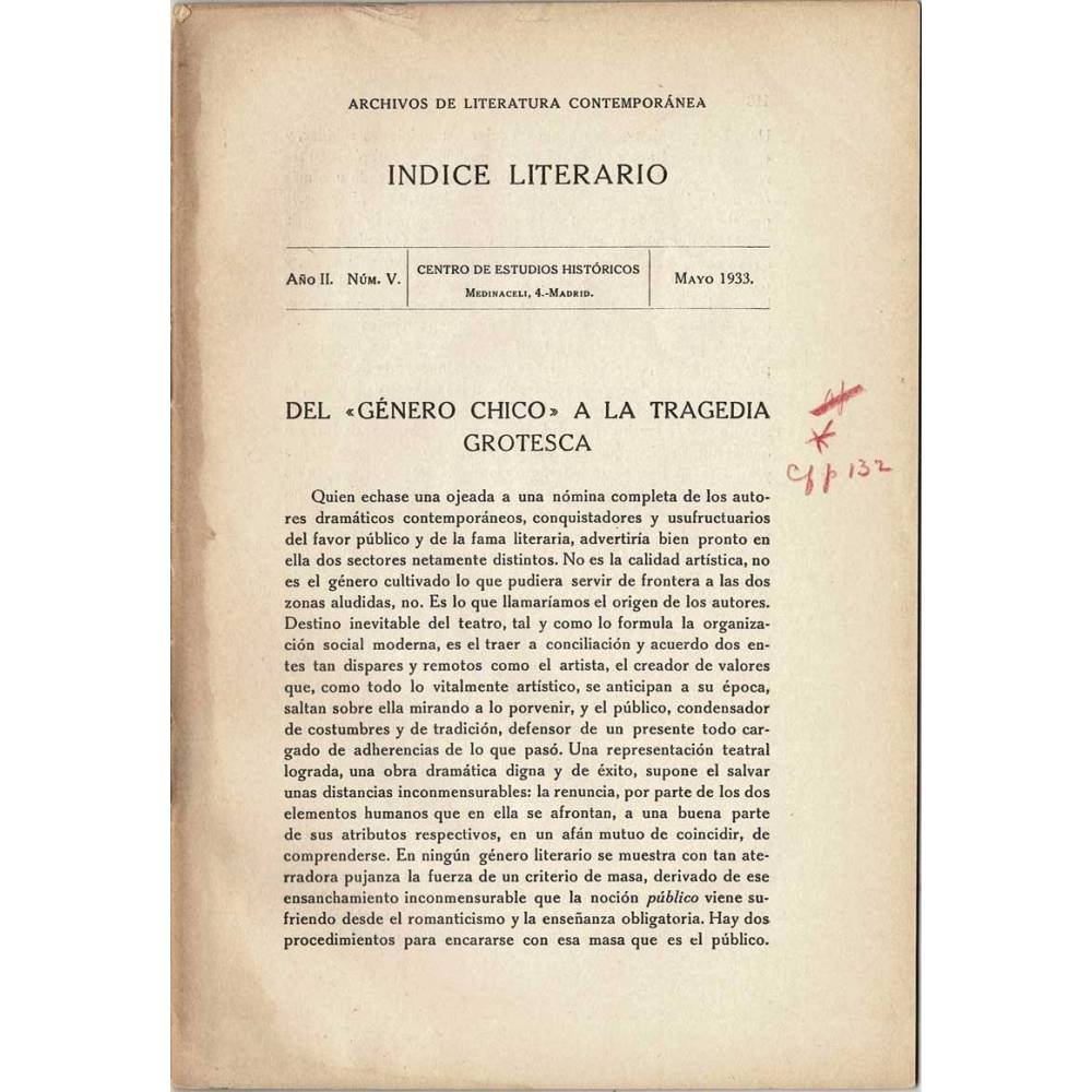 Indice Literario. Año II. Nº V. Mayo 1933. Del género chico a la tragedia grotesca