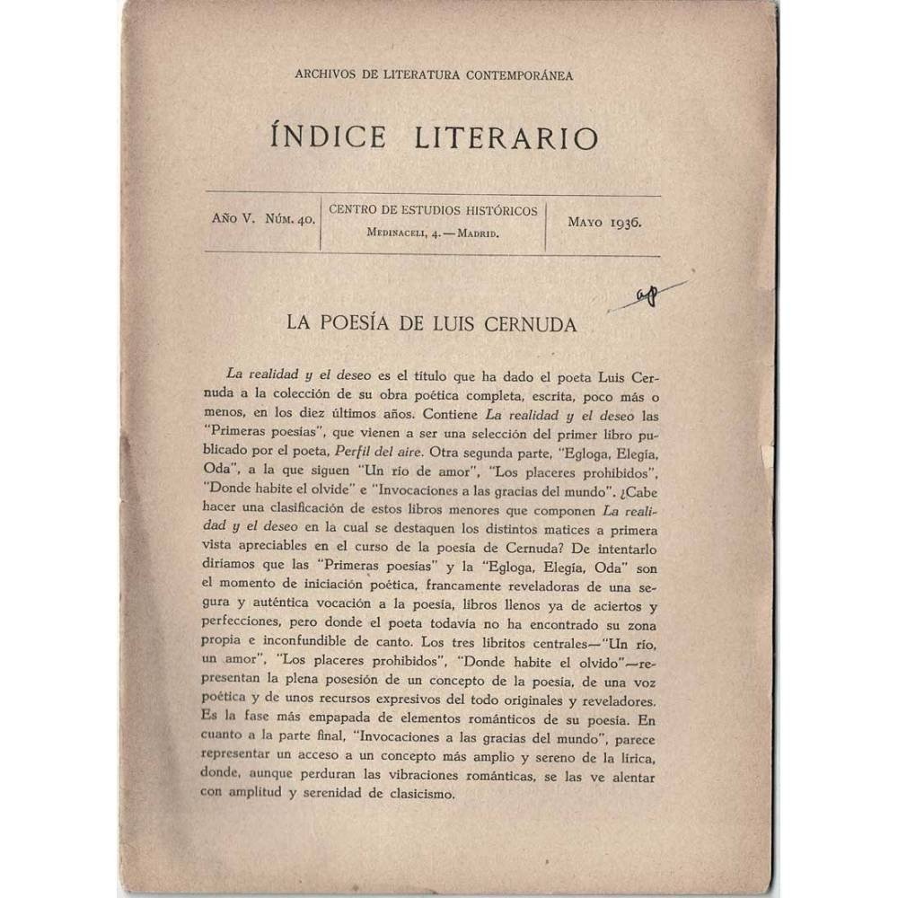 Indice Literario. Año V. Nº 40. Mayo 1936. La poesía de Luis Cernuda