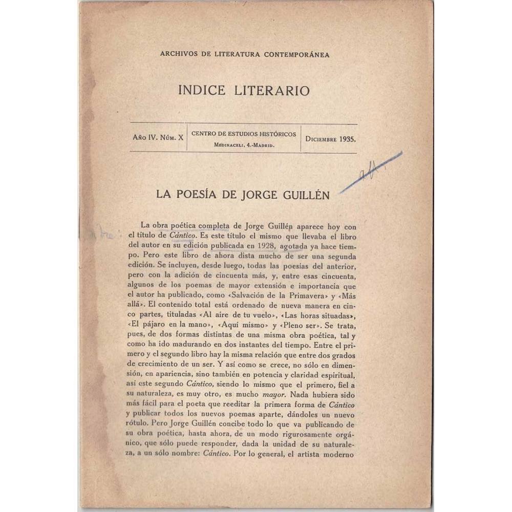 Indice Literario. Año IV. Nº X. Diciembre 1935. La poesía de Jorge Guillén