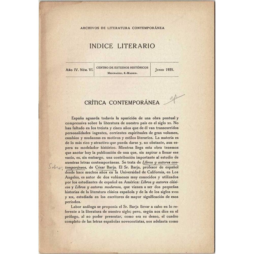 Indice Literario. Año IV. Nº VI. Junio 1935. Crítica contemporánea