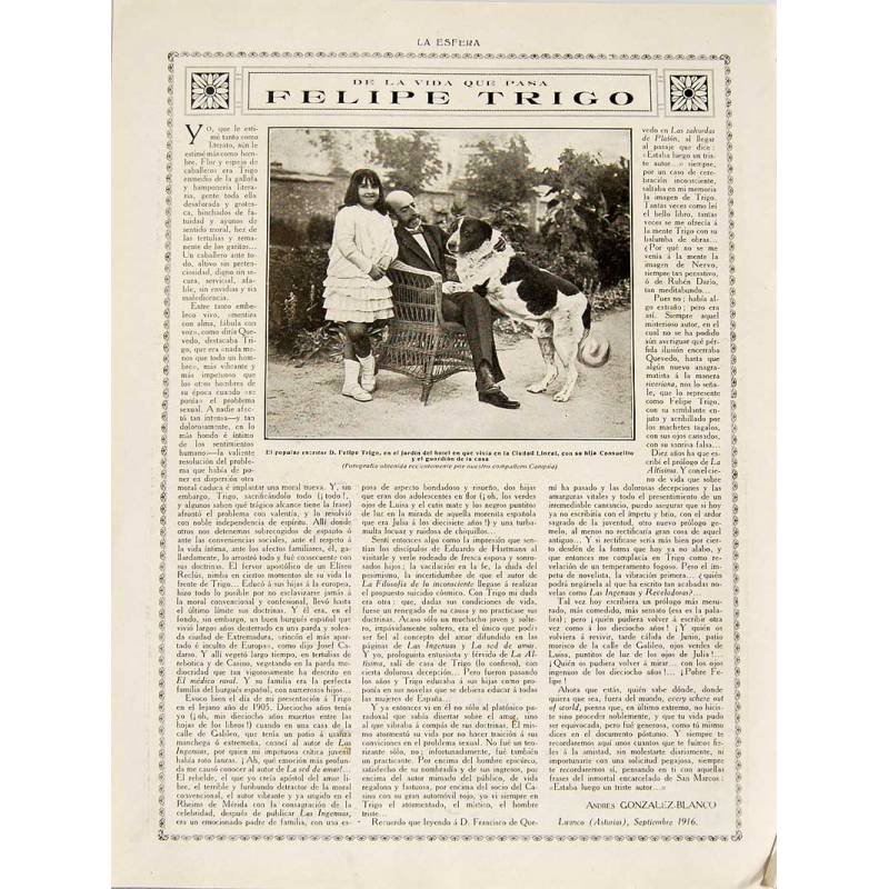 Recorte Revista La Esfera 1916. La vida que pasa. Felipe Trigo