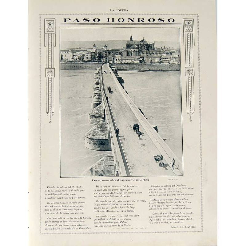 Recorte Revista La Esfera 1916. Paso honroso. Puente romano sobre el Guadalquivir en Córdoba