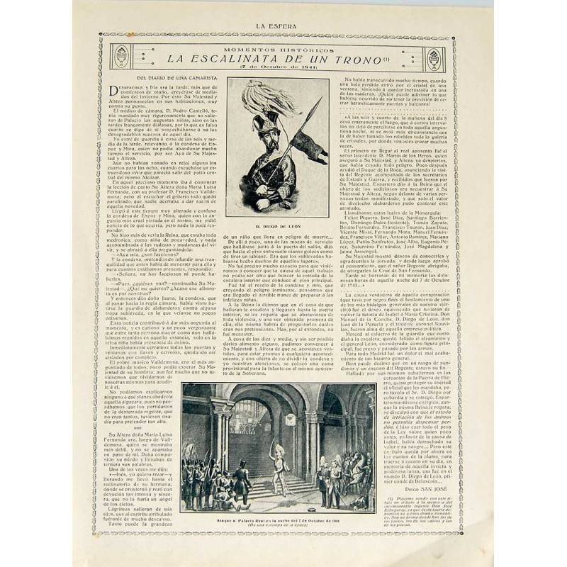 Recorte Revista La Esfera 1916. La escalinata de un trono (7 octubre 1841)