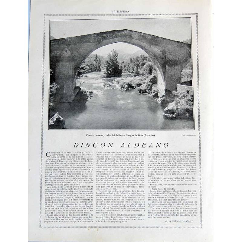 Recorte Revista La Esfera 1916. Puente romano y valle del Sella, Cangas de Onís, Asturias