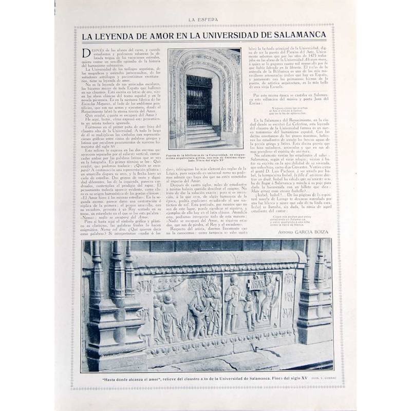 Recorte Revista La Esfera 1916. La leyenda de amor en la Universidad de Salamanca