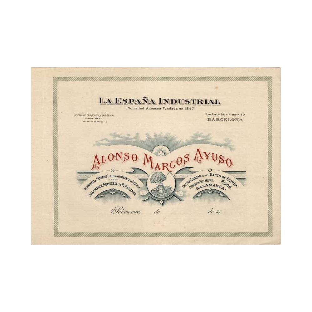 Membrete comercial La España Industrial Alonso Marcos Ayuso. Almacenes de cereales, lentejas y garbanzos de Castilla