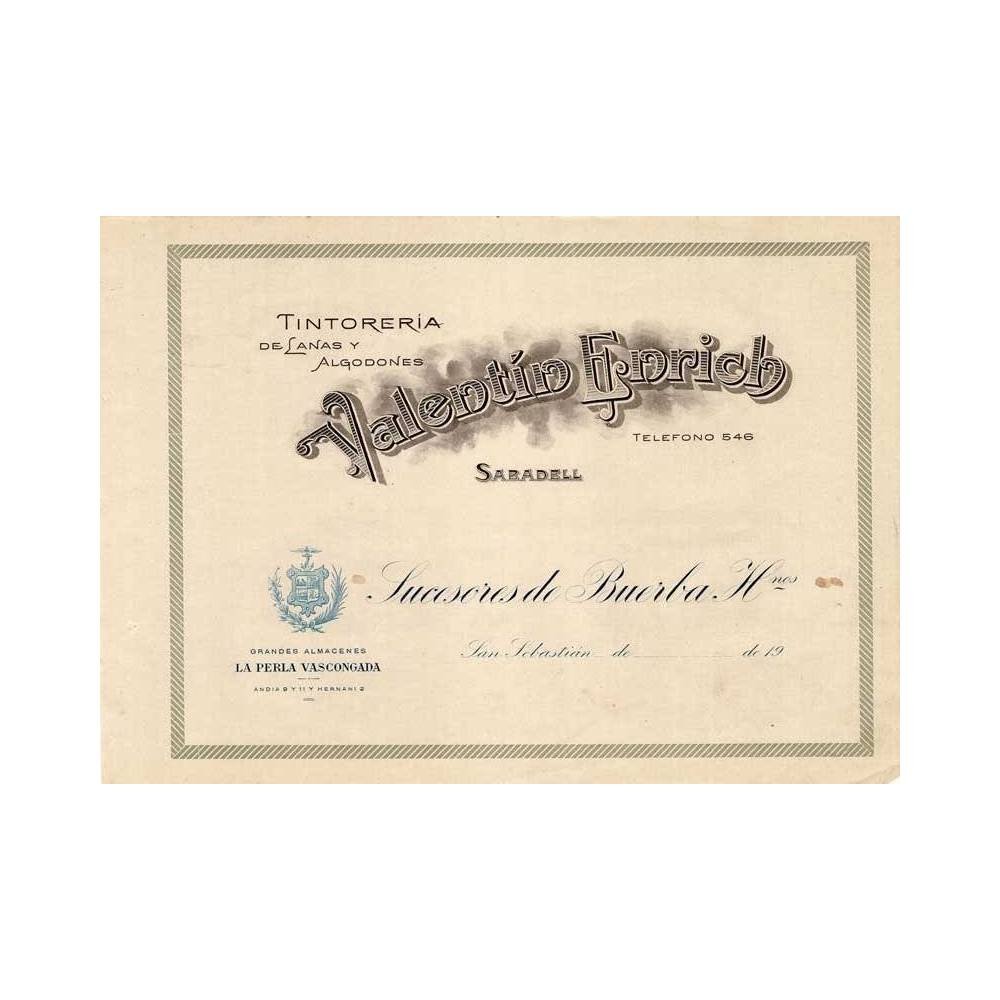 Membrete comercial Tintorería de lanas y algodones Valentín Enrich. Grandes almacenes La Perla Vascongada
