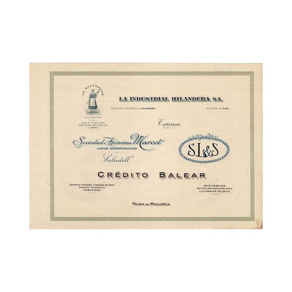 Membrete comercial La Industrial Hilandera S.A. Sociedad Anónima Marcet. SL&S. Crédito Balear