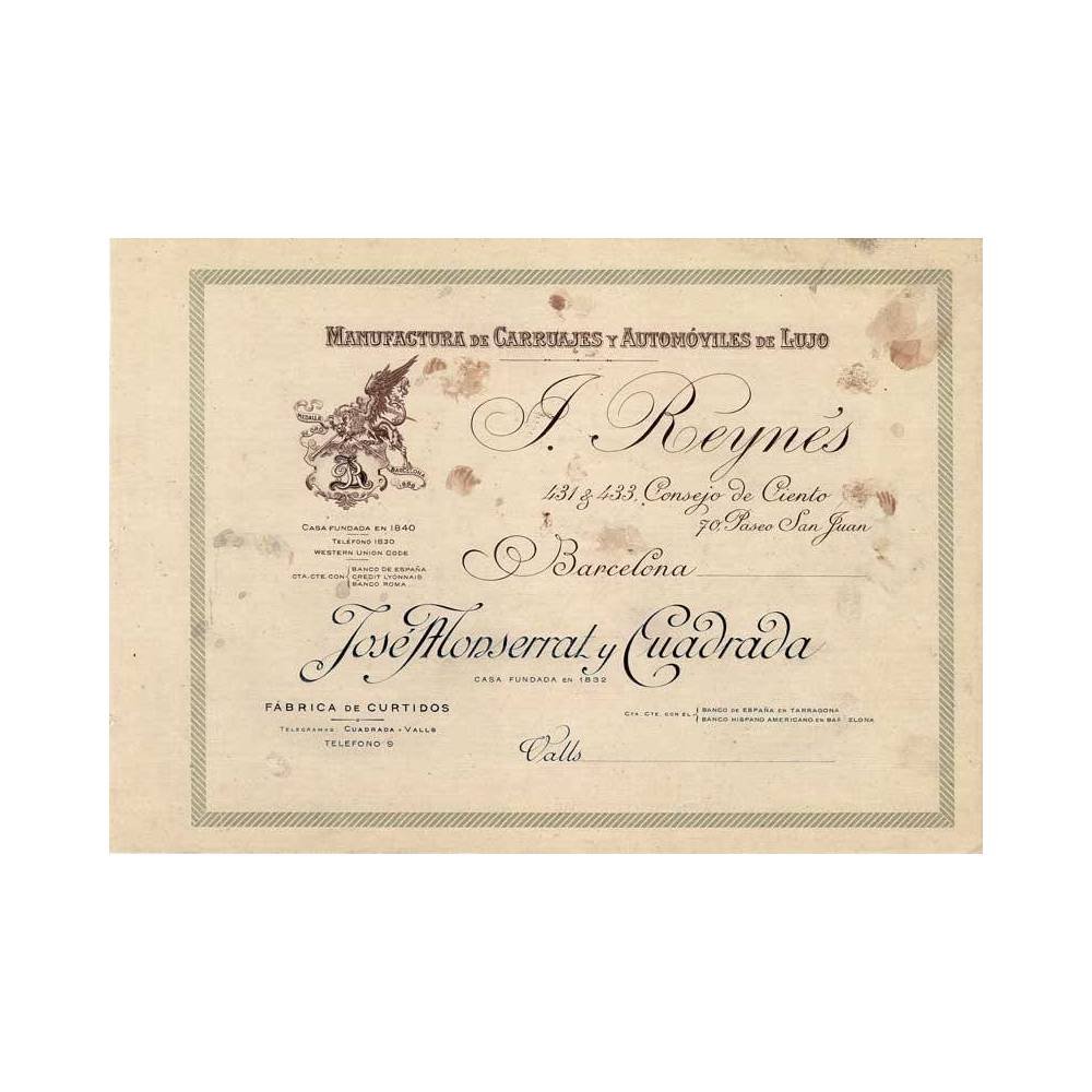 Membrete comercial J. Reynes. Manufactura de Carruajes y Automóviles de Lujo. José Monserrat y Cuadrada. Fábrica de curtidos