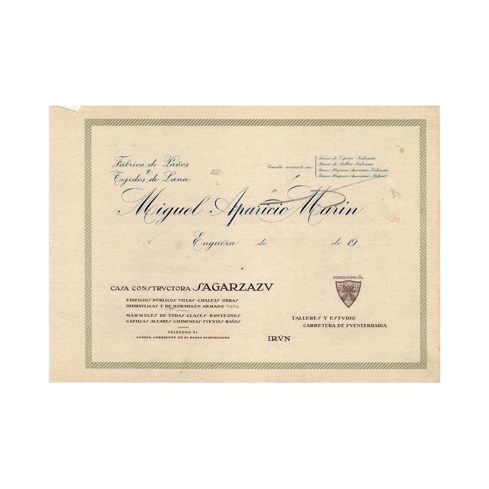 Membrete comercial Miguel Aparicio Marín. Fábrica de Paños y Tejidos de Lana. Casa Constructora Sagarzazu