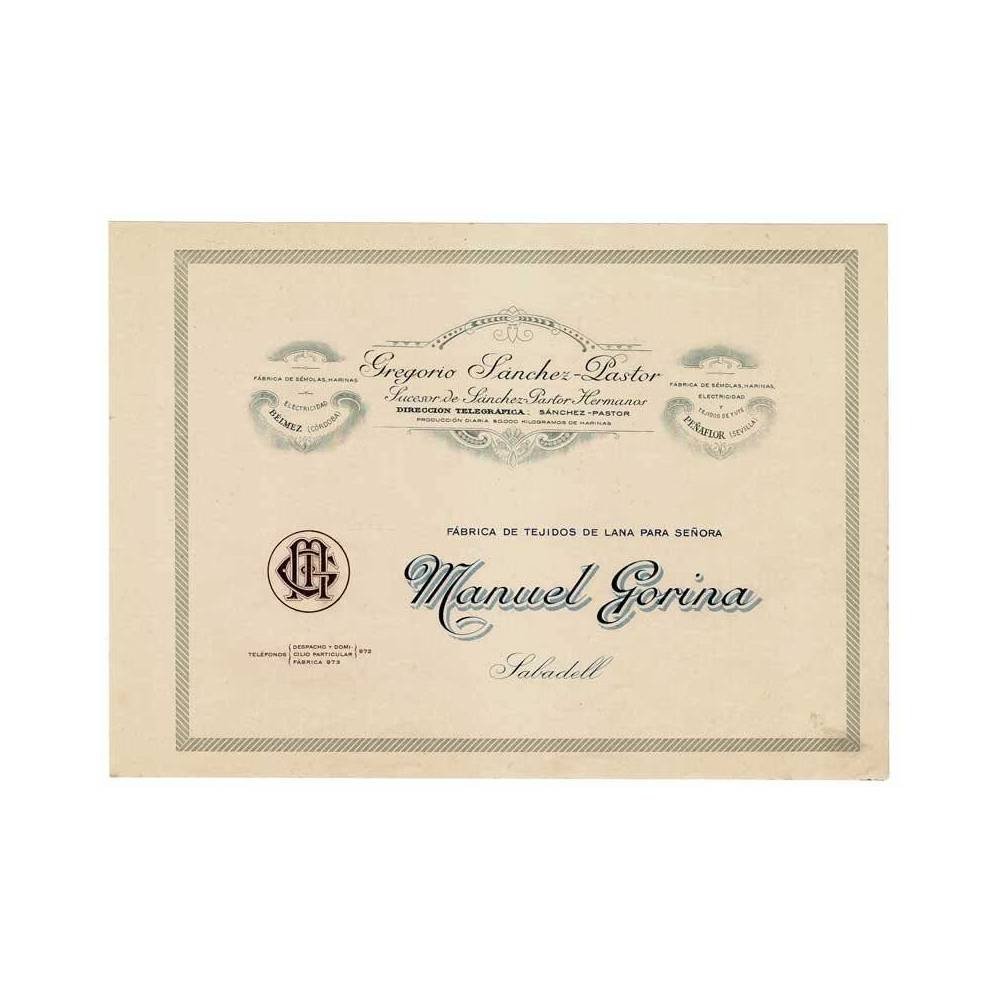 Membrete comercial Gregorio Sánchez Pastor. Fábrica de tejidos Manuel Gorina