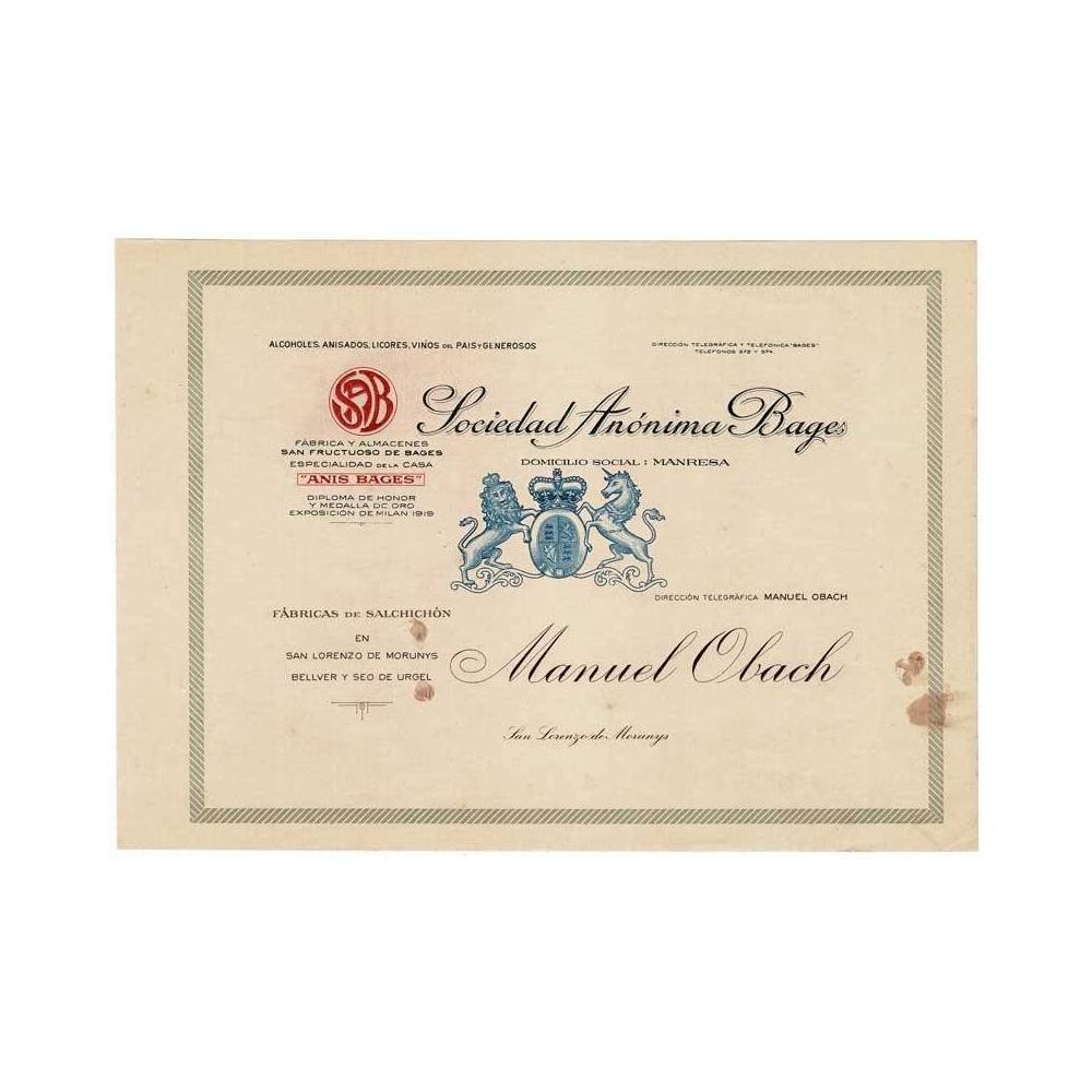 Membrete comercial Anis Bages Sociedad Anónima Bages. Fábricas de salchichón Manuel Obach