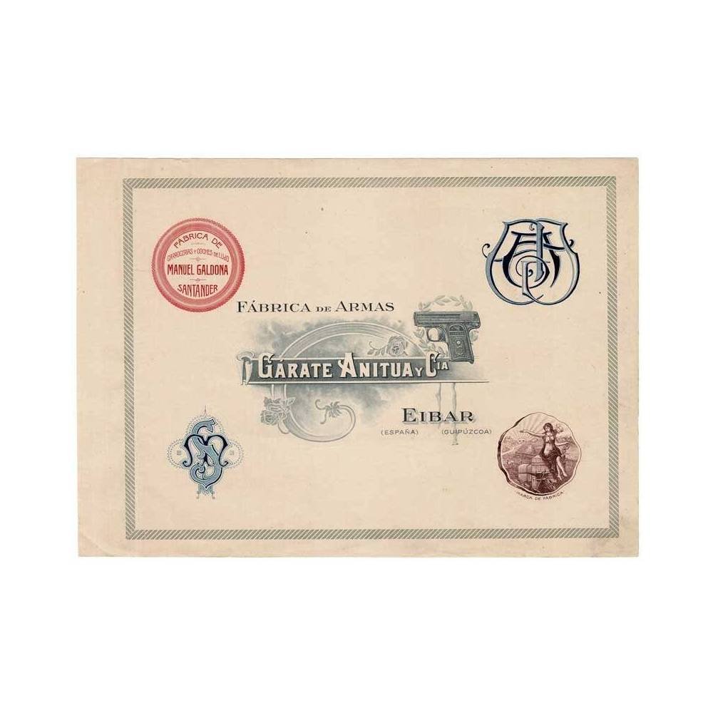 Membrete comercial Fábrica de armas Gárate Anitua. Fábrica de carrocerías y coches de lujo Manuel Galdona